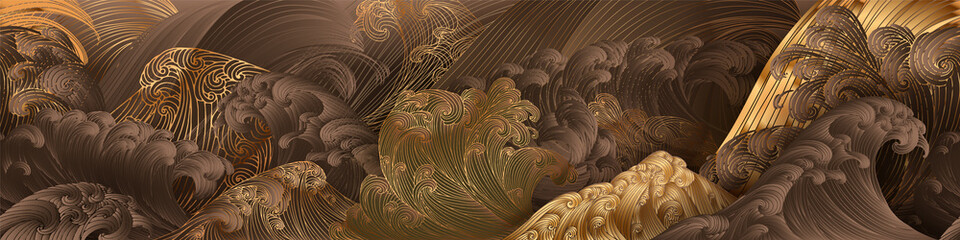 Line art design of waves, mountain, modern hand-drawn vector background, gold ink pattern. Minimalist Asian style.