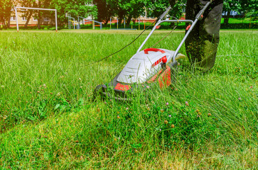 Fototapeta premium Manual lawn mower on a football field. Mowing the grass.