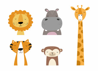 Wild animals collection: lion, hippo, tiger, monkey, giraffe. Fun vector illustrations, isolated © Gaz-El Creative
