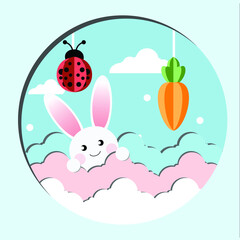 A cute background ,Red beetle and white rabbit swims between wave to get an orange carrot.