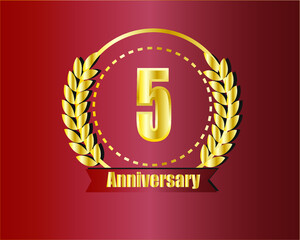 5th golden anniversary logo with ring, laurel wreath vector design.