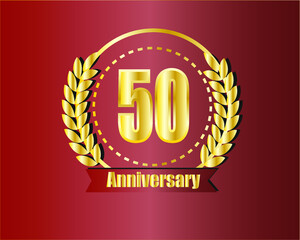 50th golden anniversary logo with ring, laurel wreath vector design.