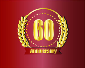 60th golden anniversary logo with ring, laurel wreath vector design.