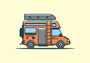 Orange color of camper van with big roof box