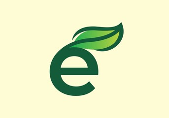 Green color of e initial letter with leaf