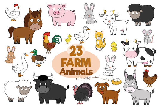 Set of 23 farm animals in cartoon style Vector Illustration