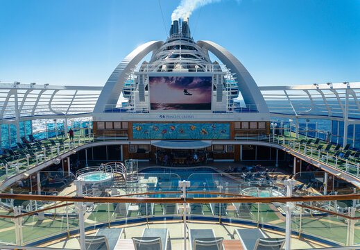 Emerald Princess Cruise ship. Upper decks of the ship. Calypso Reef and Pool, Movies under the stars, smoke stacks. 