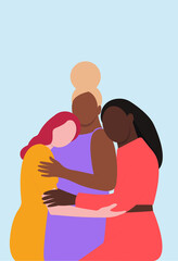 The beauty of inclusion. Women of different colors hugging. Diversity. inclusion, girls of different colors hugging each other. Hug, affection, love. On blue background.