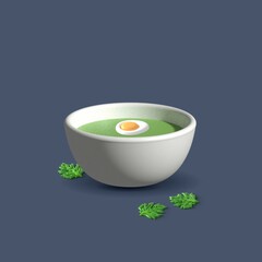 Green soup puree in a bowl, 3d rendering, vector 3d illustration