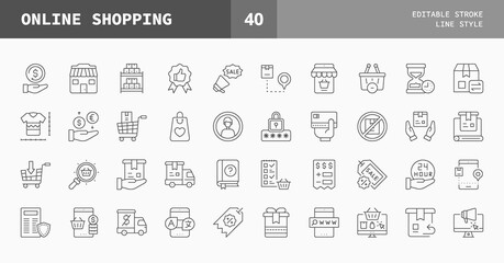 Online Shopping icons set line style, Mobile Shop, Ecommerce, Payment Method, Sizing Guide, Starred, Delivery and more
