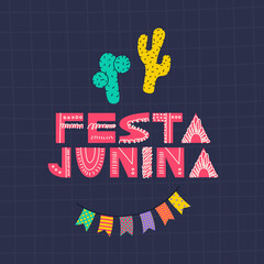 Design for postcards and posters for celebration of the festival of St. John. Text in portuguese festa junina - june party. Vector illustration.