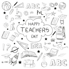 Vector illustration of cute doodles for kids happy teacher's day greetings, Set of cute hand drawn doodles for decoration on white background, Hand Drawn Cute Doodles, Pages for coloring