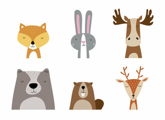 Wild animals collection: fox, rabbit, moose, bear, beaver, deer. Fun vector illustrations, isolated