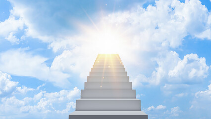 Stairway to heaven, stairs in sky, meet god, way to god, symbol of christianity, bright light from heaven, stairway leading up to skies, concept Religion background, 3d rendering illustration