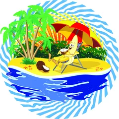 Photo sur Plexiglas Dessiner Personnage de dessin animé de banane se détendre sur la plage tropicale d& 39 été avec illustration vectorielle de boisson à l& 39 eau de noix de coco