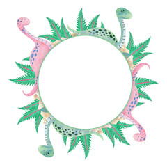 collection of watercolor round frame (cute pink, green dinosaurs) with place for text on isolated background (for designing web banners, greeting cards, printing on various objects, etc.)