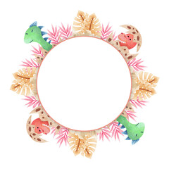 collection of watercolor round frame (cute red, green dinosaurs) with place for text on isolated background (for designing web banners, greeting cards, printing on various objects, etc.)