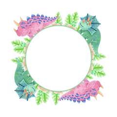 collection of watercolor round frame (cute pink, green dinosaurs) with place for text on isolated background (for designing web banners, greeting cards, printing on various objects, etc.)