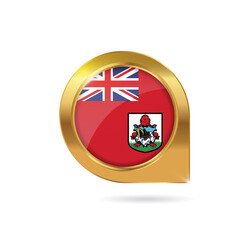 Flag of Bermuda, location map pin, pointer flag, button with the reflection of light and shadow, gold frame, Icon country. Realistic vector illustration on white background