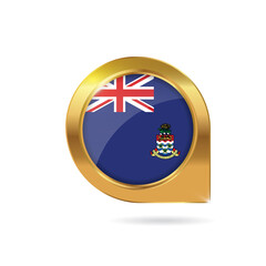 Flag of Cayman Islands, location map pin, pointer flag, button with the reflection of light and shadow, gold frame, Icon country. Realistic vector illustration on white background