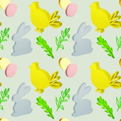 Seamless pattern with 3d illustration Easter symbol chicken, rabbit and eggs
