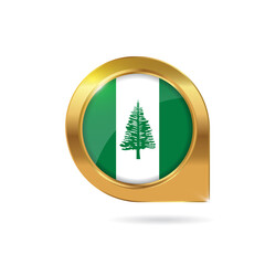 Flag of Norfolk Island, location map pin, pointer flag, button with the reflection of light and shadow, gold frame, Icon country. Realistic vector illustration on white background