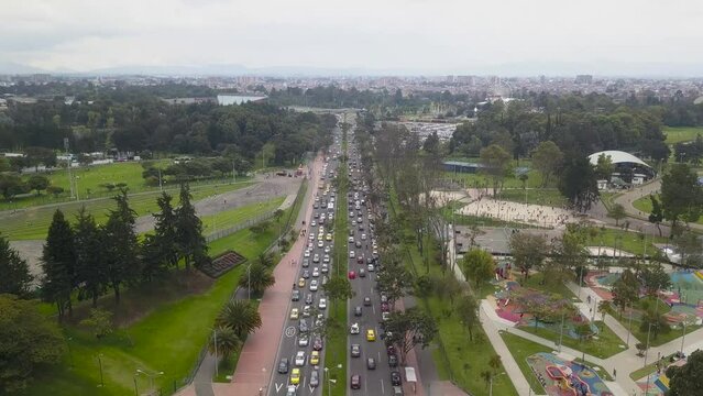 Aerial view of 63rd street, Sim&oacute;n Bol&iacute;var park, Bogot&aacute;, Colombia
