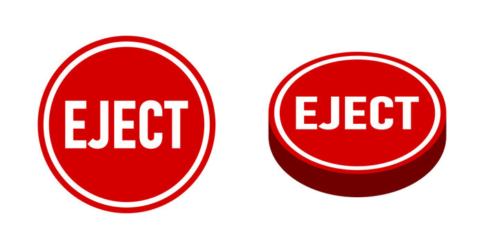 Red Eject Push Button Badge Icon Set with Top and Perspective Views. Vector Image.