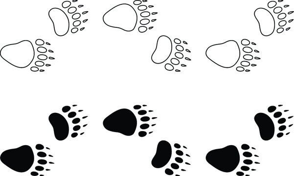 Walking Bear Tracks Clipart Set - Outline and silhouette