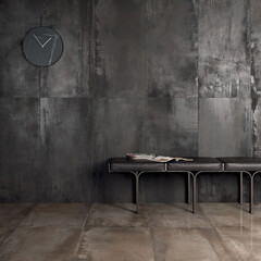 Modern interior design, gray and beige cement tiles, seamless clock, luxurious interior background.