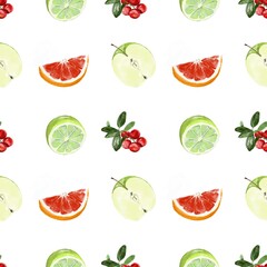 seamless pattern with apple, lime, orange and cowberry on a white background 