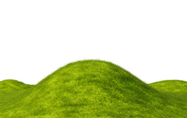 Grassy hill, 3d render. Green grass field. Perfectly smooth lawn, isolated on a white background