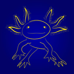 Isolated vector illustration of stylized funny yellow axolotl. Mexican walking fish. Neotenic fire salamander. Handdrawn style.