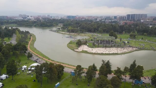 Aerial view over the simon bolivar park lake, Bogota, Colombia