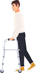 Disabled Young Man with Walking Frame Side View Cartoon Illustration