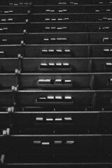 church benches black and white photo