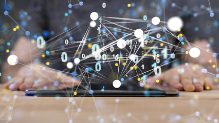 holding 3D rendering group of blue people