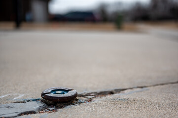 Water shutoff valve extending above a cracked concrete residential driveway. 