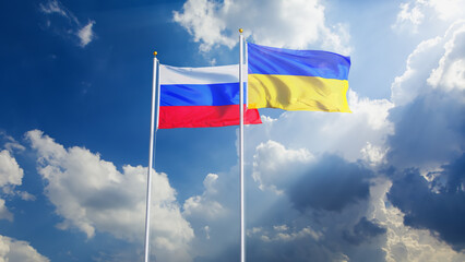 Ukraine and Russian flags waving on beautiful sky background. CG Image. Russia and Ukraine relations. Ukraine and Russia flags together