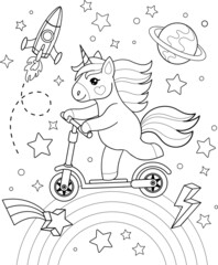Happy unicorn ride on electric scooter in space. Vector outline for coloring book © Jufirell