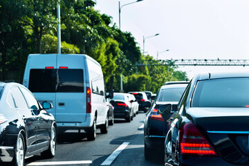 Traffic jam with row of car in a city street road
