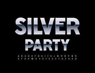 Vector metallic logo Silver Party. Modern Font. Artistic set of Alphabet Letters and Numbers.