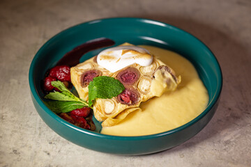 dessert at the restaurant is a roll of pancakes. beautiful feed