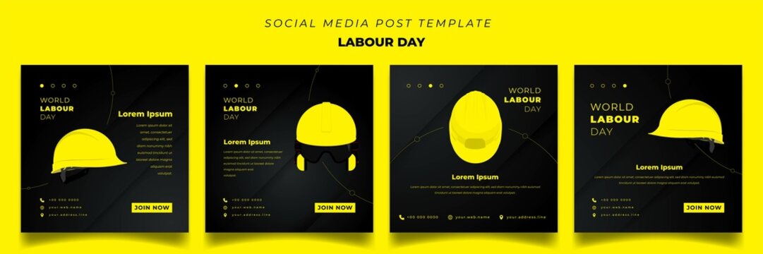 Set Of Social Media Post Template With Black Geometric Background In Square For Labour Day