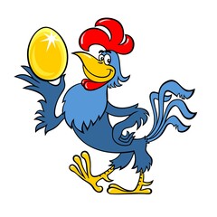 Image of a funny rooster in cartoon style. A proud rooster holds a golden egg. Vector rooster showing off a golden egg.
