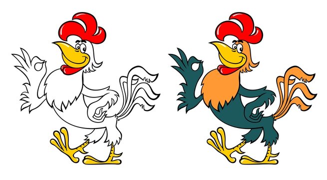 The rooster shows the OK gesture. Vector image of a comical rooster. Funny rooster in cartoon style.