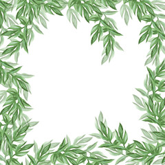 Botanical frame, background. Framing with green branches, chaotic technique. Watercolor style. For the design of printed products. Isolated image on a white background.