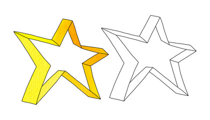 An abstract image of a star made up of yellow stripes. Watercolor and outline on a white background  cartoon hand drawn illustrations