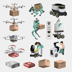 Collection of delivery drones with boxes and medical kit. Set of drones vector illustration graphic design. Modern robots delivery methods. Isolated