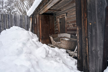 rustic winter landscapes, wooden houses and fences